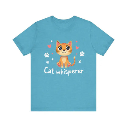 Blue Cat Whisperer Unisex Short Sleeve Tee featuring a playful cat graphic