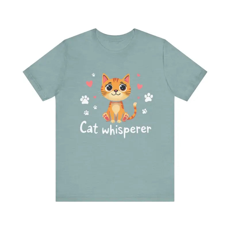 Light blue Cat Whisperer Unisex Short Sleeve Tee featuring a charming cat design