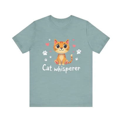 Light blue Cat Whisperer Unisex Short Sleeve Tee featuring a charming cat design