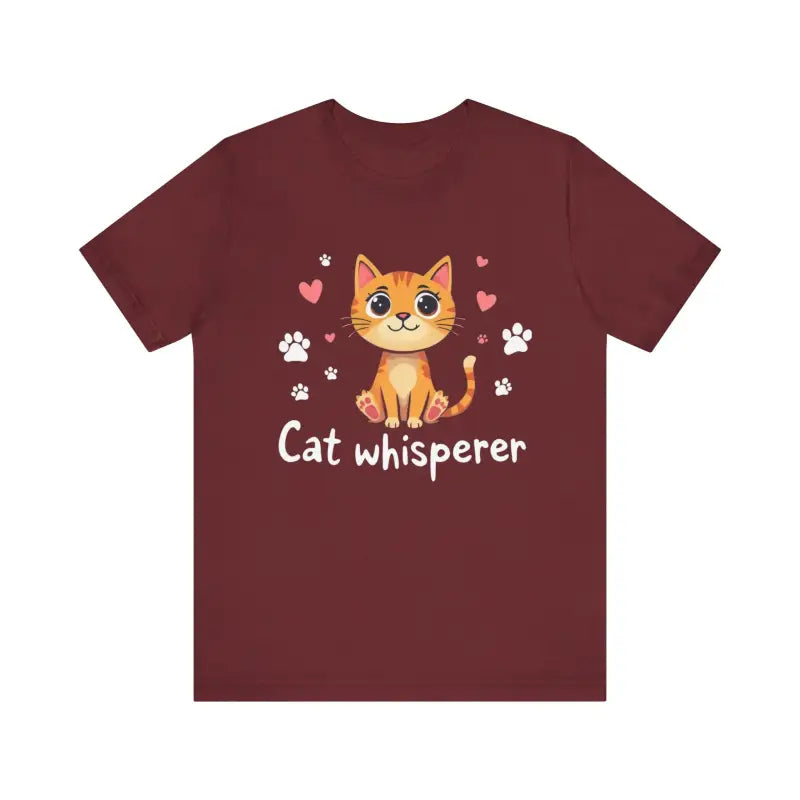 Maroon Cat Whisperer Unisex Short Sleeve Tee featuring a playful cat graphic