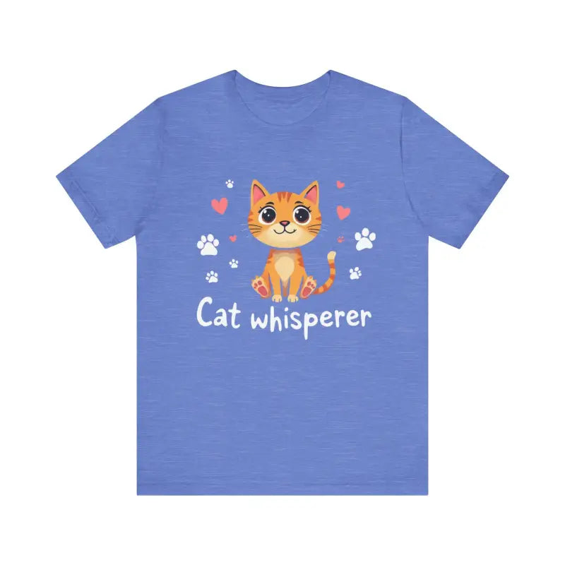 Blue Cat Whisperer Unisex Short Sleeve Tee featuring a playful cat graphic