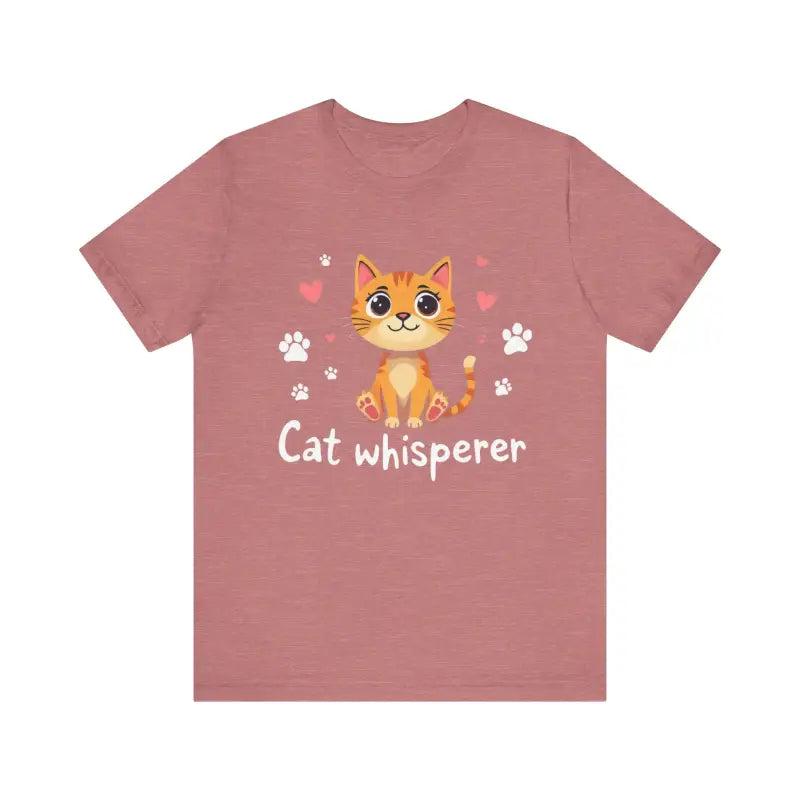 Mauve Cat Whisperer Unisex Short Sleeve Tee featuring a charming cat design