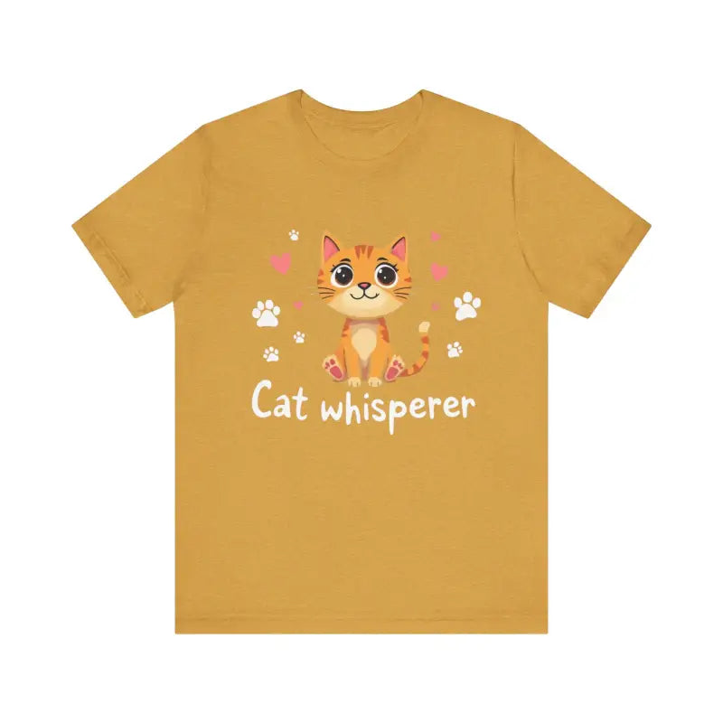 Mustard-colored Cat Whisperer Unisex Short Sleeve Tee featuring a cartoon cat design