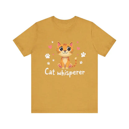Mustard-colored Cat Whisperer Unisex Short Sleeve Tee featuring a cartoon cat design
