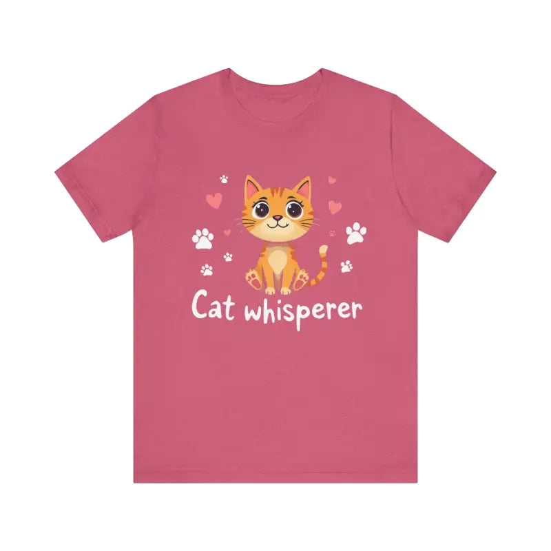 Rose-colored Cat Whisperer Unisex Short Sleeve Tee featuring a playful cartoon cat design