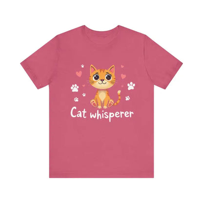 Rose-colored Cat Whisperer Unisex Short Sleeve Tee featuring a playful cartoon cat design