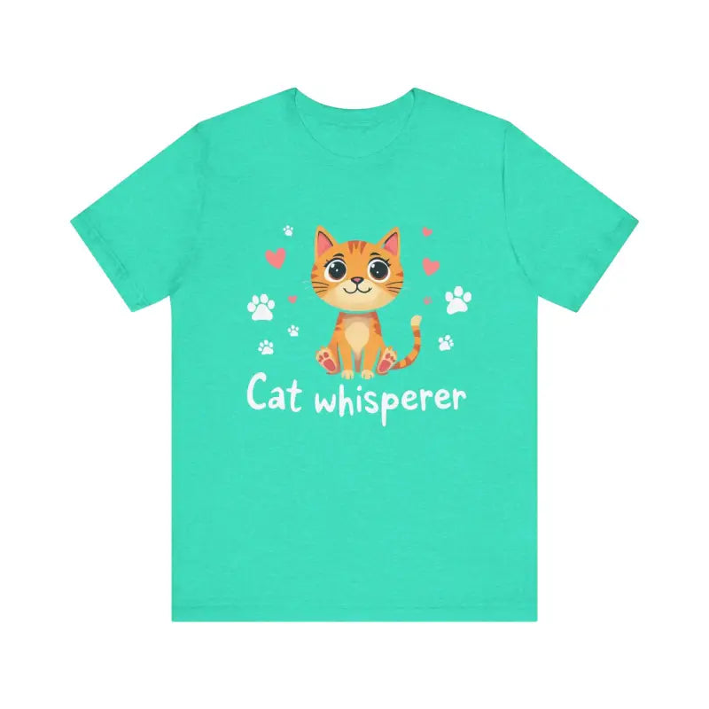 Mint-green Cat Whisperer Unisex Short Sleeve Tee featuring a cartoon cat design