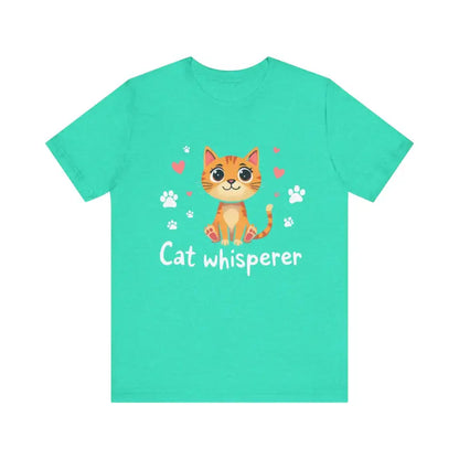 Mint-green Cat Whisperer Unisex Short Sleeve Tee featuring a cartoon cat design