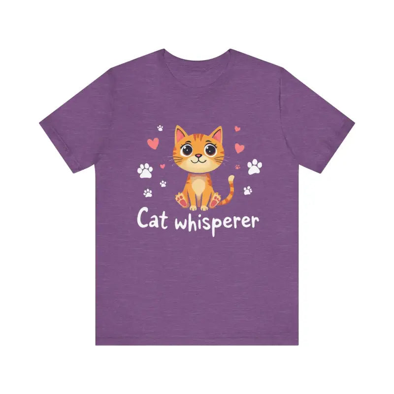 Purple Cat Whisperer Unisex Short Sleeve Tee featuring a playful cat graphic