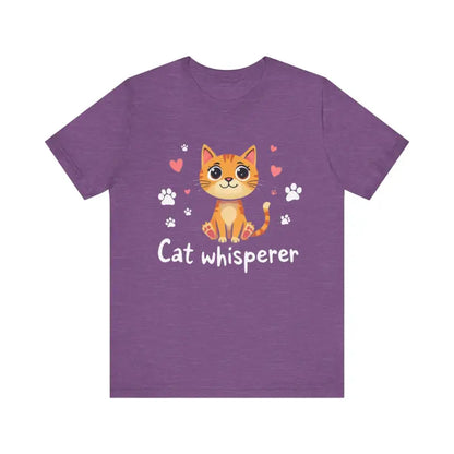 Purple Cat Whisperer Unisex Short Sleeve Tee featuring a playful cat graphic