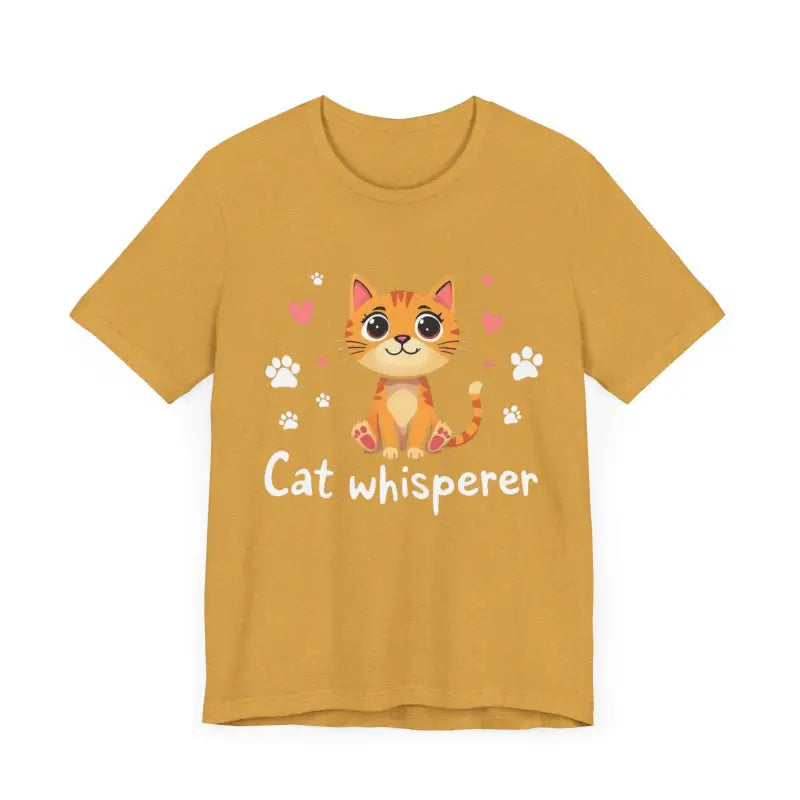 Mustard-colored Cat Whisperer Unisex Short Sleeve Tee with cat graphic design