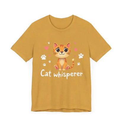 Mustard-colored Cat Whisperer Unisex Short Sleeve Tee with cat graphic design