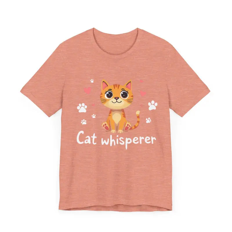 Salmon-colored Cat Whisperer Unisex Short Sleeve Tee with a cat graphic design