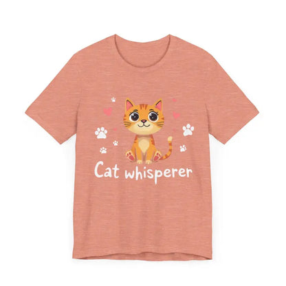Salmon-colored Cat Whisperer Unisex Short Sleeve Tee with a cat graphic design