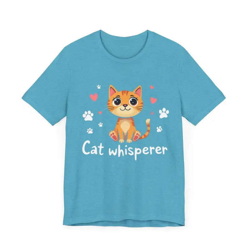 Blue Cat Whisperer Unisex Short Sleeve Tee featuring a playful cat graphic design