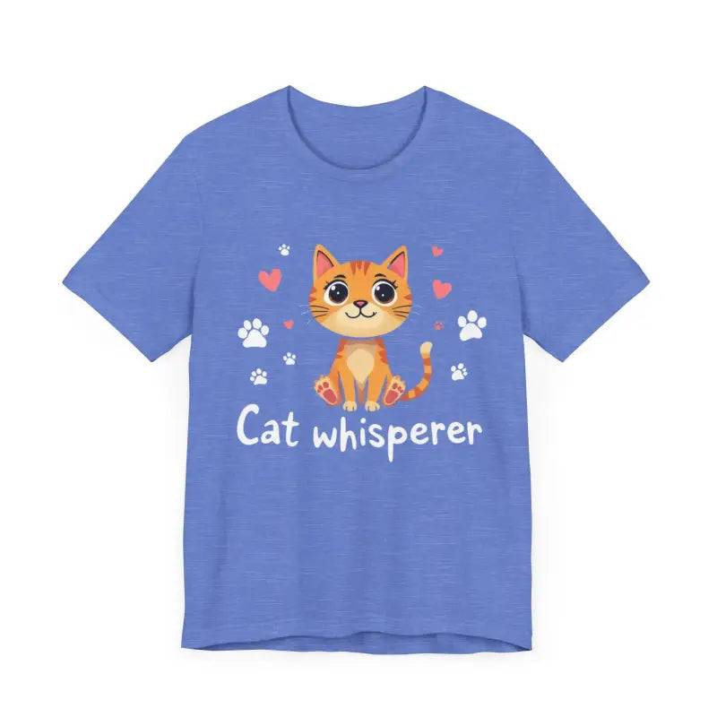 Blue Cat Whisperer Unisex Short Sleeve Tee featuring a playful cat graphic design