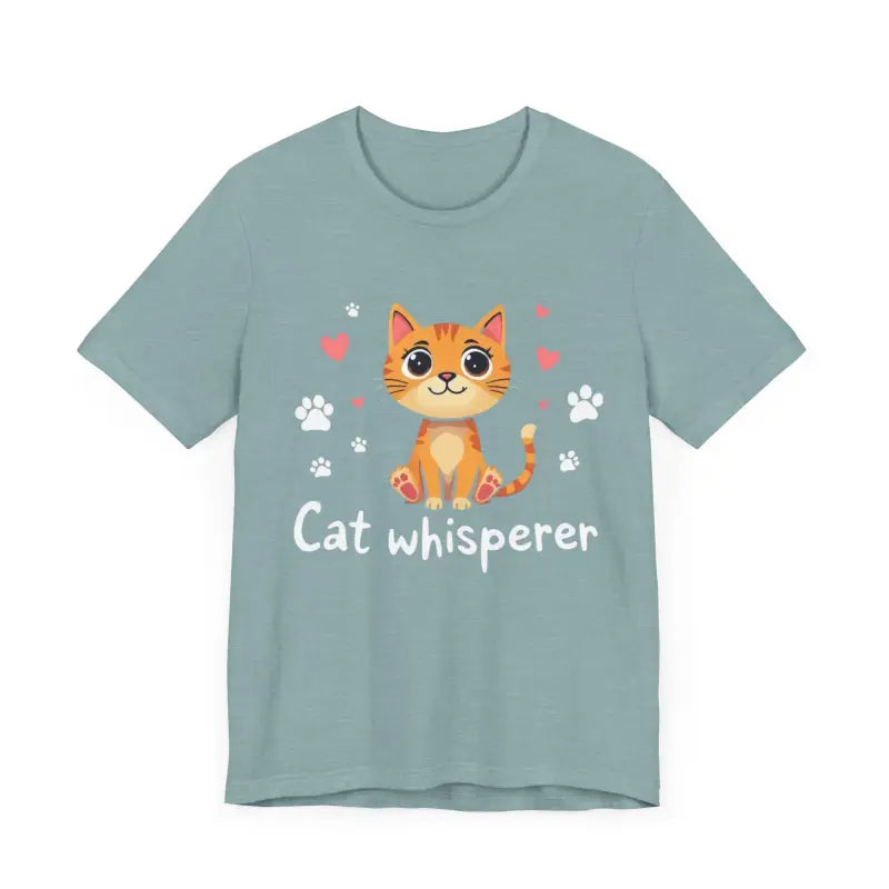 Blue Cat Whisperer Unisex Short Sleeve Tee featuring a playful cat graphic design