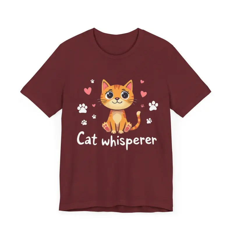 Maroon Cat Whisperer Unisex Short Sleeve Tee featuring a playful cat graphic