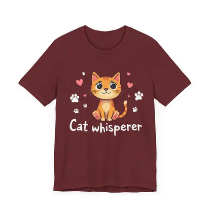 Maroon Cat Whisperer Unisex Short Sleeve Tee featuring a playful cat graphic