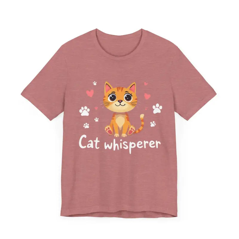 Mauve Cat Whisperer Unisex Short Sleeve Tee featuring a playful cat graphic