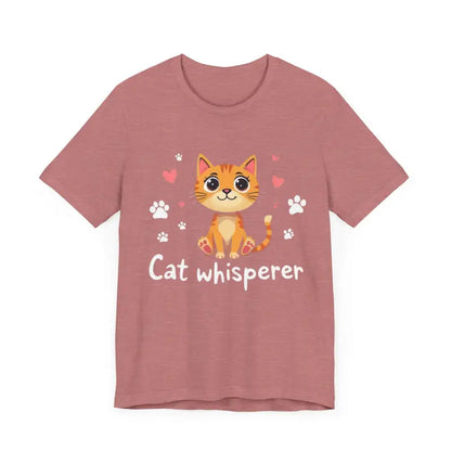 Mauve Cat Whisperer Unisex Short Sleeve Tee featuring a playful cat graphic