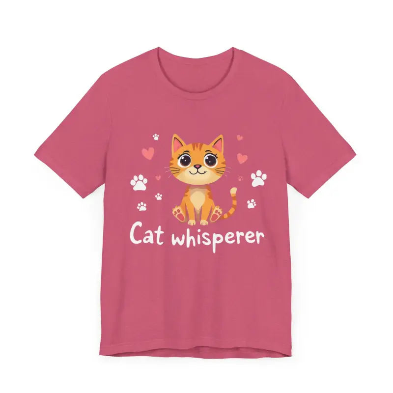 Pink Cat Whisperer Unisex Short Sleeve Tee featuring a playful cat design