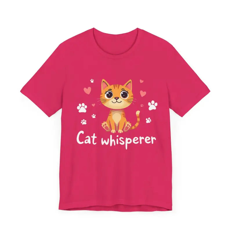 Pink Cat Whisperer Unisex Short Sleeve Tee featuring a playful cat graphic design