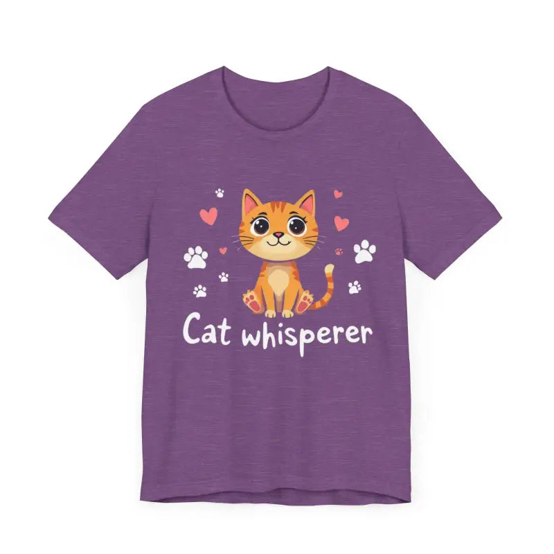 Purple Cat Whisperer Unisex Short Sleeve Tee featuring a playful cat graphic