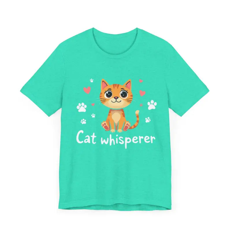 Turquoise Cat Whisperer Unisex Short Sleeve Tee featuring a cat graphic design
