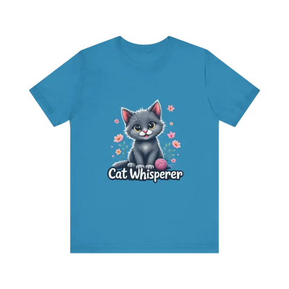 Blue Cat Whisperer T-shirt for cat lovers, perfect as a unisex gift