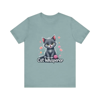 Light blue Cat Whisperer Unisex Jersey Tee featuring a playful cat design for cat lovers