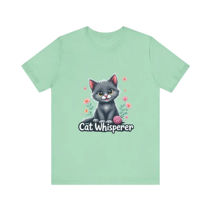 Mint-green Cat Whisperer Unisex Jersey Tee featuring a cat graphic for cat lovers