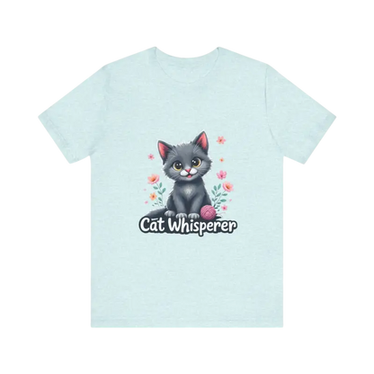 Light blue Cat Whisperer unisex jersey tee featuring a playful cat graphic design