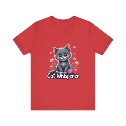 Red Cat Whisperer Unisex Jersey Tee featuring a playful cat graphic for cat lovers gift