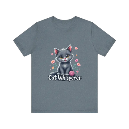 Gray Cat Whisperer Unisex Jersey Tee featuring a playful cat graphic for cat lovers