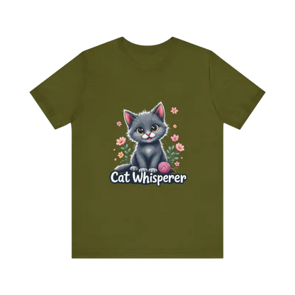 Olive green Cat Whisperer unisex jersey tee for cat lovers gift on display