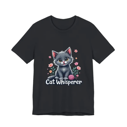 Black Cat Whisperer Unisex Jersey Tee featuring a playful cartoon cat design for cat lovers