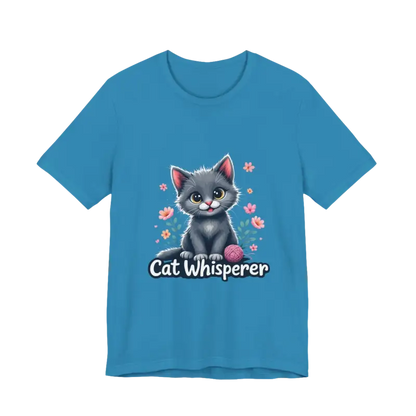 Blue Cat Whisperer Unisex Jersey Tee featuring a playful cat graphic for cat lovers