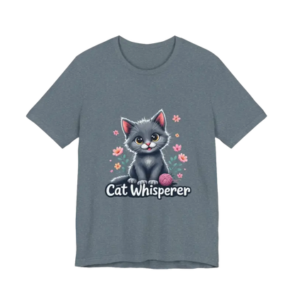 Gray t-shirt featuring a cat graphic from the Cat Whisperer Unisex Jersey Tee collection