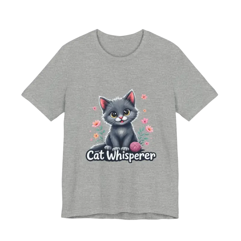 Gray t-shirt featuring a cat graphic from the Cat Whisperer Unisex Jersey Tee collection