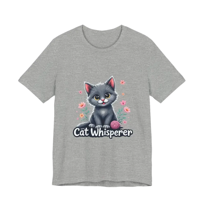 Gray t-shirt featuring a cat graphic from the Cat Whisperer Unisex Jersey Tee collection