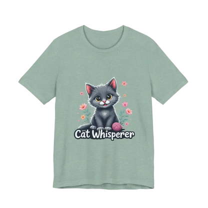 Green Cat Whisperer Unisex Jersey Tee featuring a playful cat graphic for cat lovers