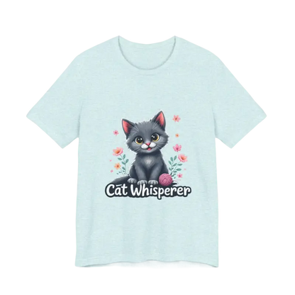 Light blue Cat Whisperer Unisex Jersey Tee featuring a playful cat graphic for cat lovers