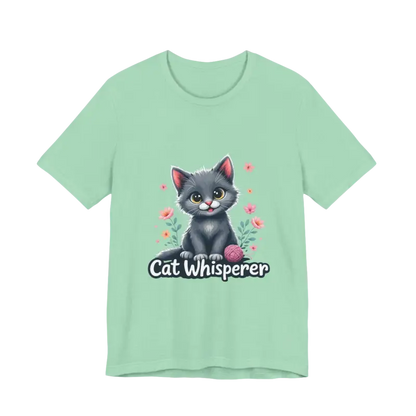 Mint green Cat Whisperer Unisex Jersey Tee for cat lovers gift displayed