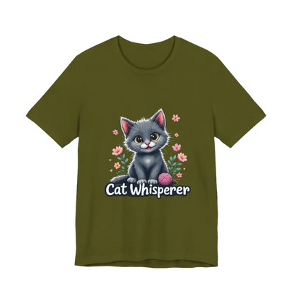 Olive green Cat Whisperer Unisex Jersey Tee featuring a cat graphic for cat lovers