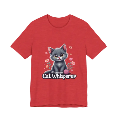Red Cat Whisperer Unisex Jersey Tee featuring a playful cat graphic for cat lovers