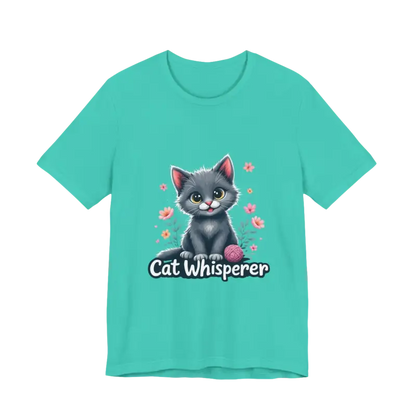 Teal unisex jersey tee featuring a cat graphic for cat lovers gift