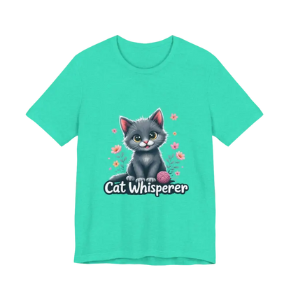 Teal Cat Whisperer Unisex Jersey Tee featuring a playful cat graphic for cat lovers
