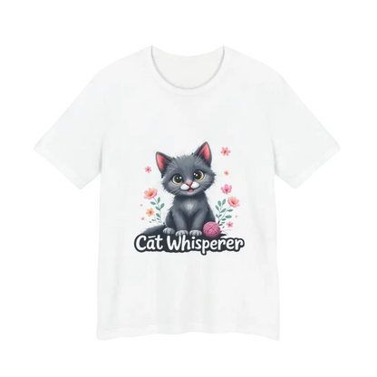 White Cat Whisperer Unisex Jersey Tee featuring a playful cat graphic for cat lovers