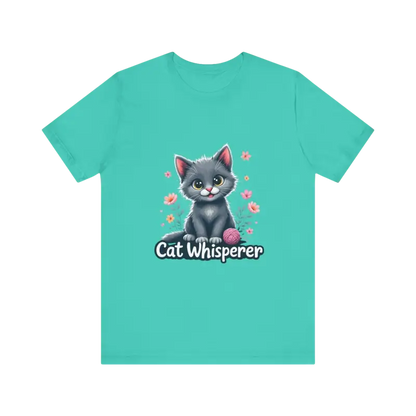 Turquoise Cat Whisperer Unisex Jersey Tee featuring a playful cat graphic design
